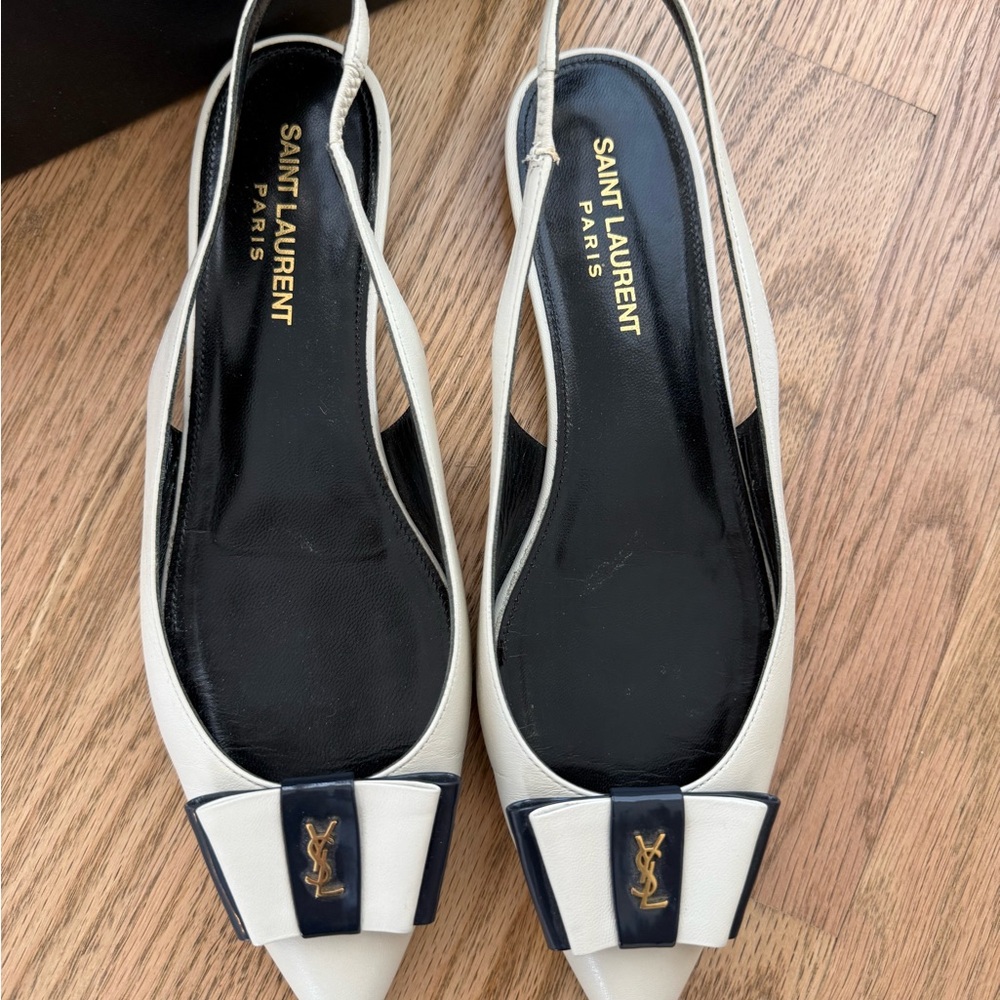 Saint Laurent Cream and Black Bow Slingback Flats